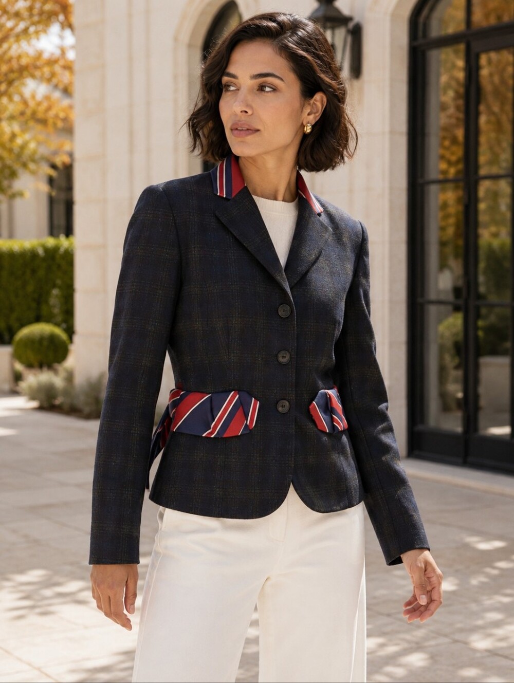 Love Moschino Virgin Wool Tartan Bow Blazer Navy US 6